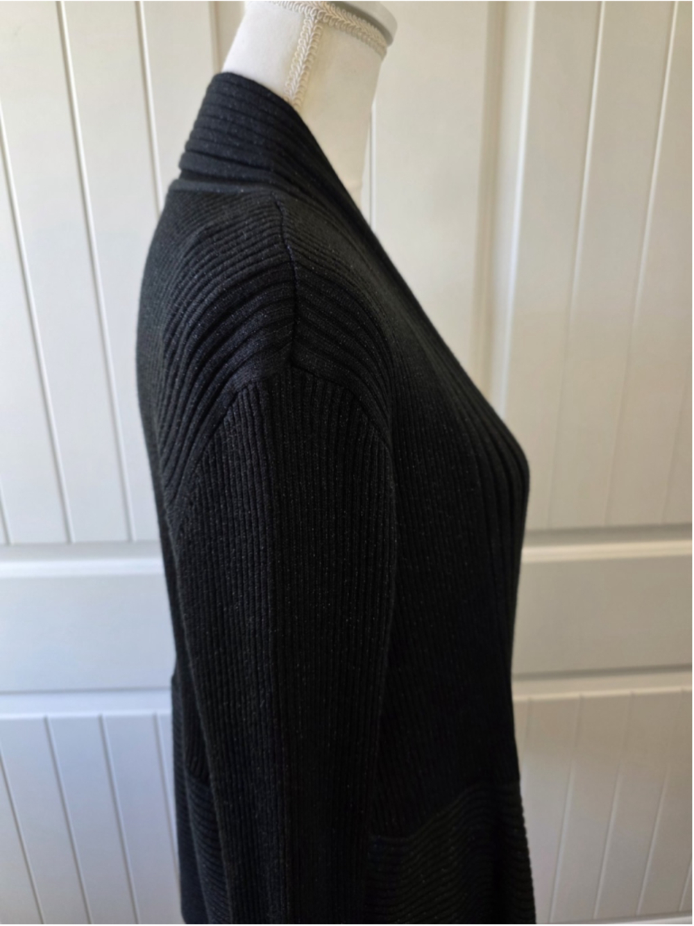 Dana Buchman Sweater Sz L Cardigan Open Front Ribbed Shimmer Black Elegant - Picture 7 of 11